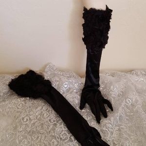 Goth Black Rosette Satin Opera Wedding Gloves